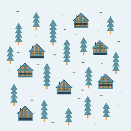 a winter landscape background with chalets, cottages, houses and fir trees. A resort village. Flat vector illustration. Forest pattern.のイラスト素材