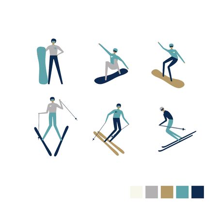 Winter sportsmen  riding downhill on snowboard or ski. Extreme athlete character design. Vector illustration. Isolated on white.のイラスト素材