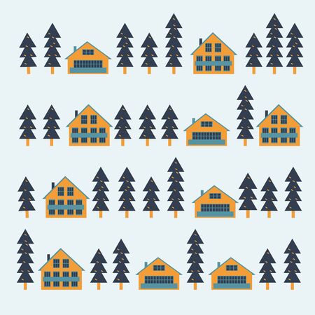 Chalets or cottage houses among fir trees. Resort village. Flat vector illustration in cartoon style.のイラスト素材