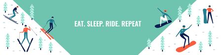 Snowboarders and skiers riding downhill on snow.  Retro poster concept. Extreme winter sports and recreational outdoor activity.  Flat vector illustration in cartoon style.  Eat. Sleep. Ride. Repeat.のイラスト素材