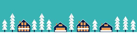 Winter landscape background. Resort village with chalets. Minimalist banner in flat cartoon style. Simple greeting cardのイラスト素材