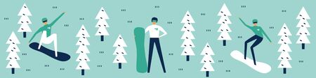 Snowboarders  riding or posing. Free ride in winter forest.  Extreme sports and recreational outdoor activity.  Flat vector illustration in cartoon style.  Trendy banner.のイラスト素材
