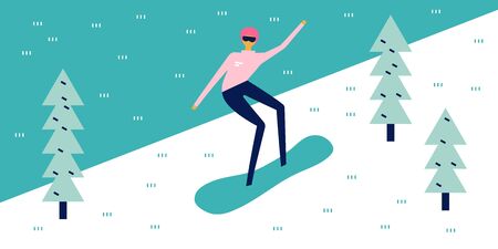 Man riding downhill on snowboard.  Retro poster concept. Extreme winter sports and recreational outdoor activity.  Flat vector illustration in cartoon style.  Eat. Sleep. Ride. Repeat.のイラスト素材