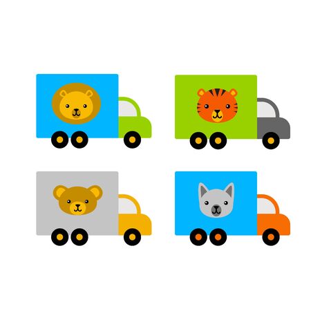 Lorry toys with animal faces of a lion, tiger, wolf and bear; vector icon,  graphic symbol isolated on white.のイラスト素材