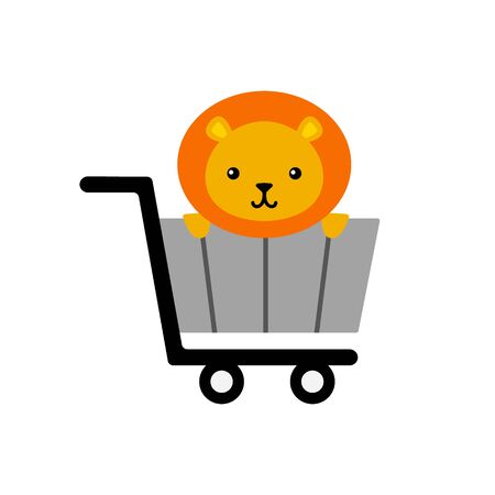 Lion sitting in a shopping cart; cute animal vector icon,  graphic symbol isolated on white.のイラスト素材
