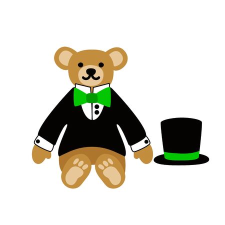 Teddy bear. Cute lovely animal toy dressed as  dandy boy in a dinner jacket, top hat and bow. Vector flat illustration. Isolated on white background.のイラスト素材