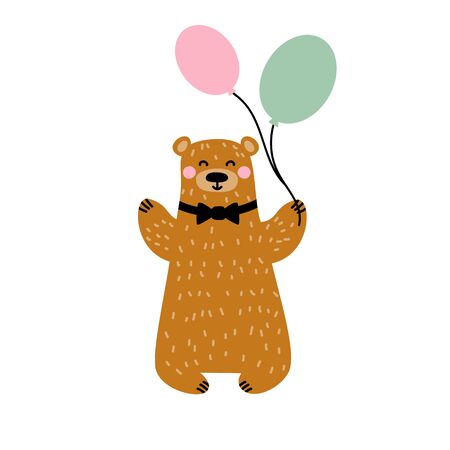 Bear animal. Smiling and Greeting. With air balloons. Isolated on white background. Vector illustration in flat style.のイラスト素材