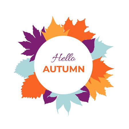 Hello Autumn leaves wreath with hello autumn text. Round frame with fall design elements. Isolated on white. Vector illustration.のイラスト素材