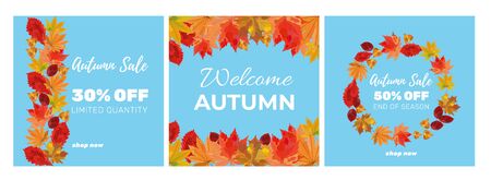 Collection of autumn sale and other typography banner template. Bright fall leaves. Great for sale poster, card, label, design. Vector illustration set.のイラスト素材