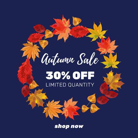 Autumn sale banner design with discount text label and colorful autumn leaves for fall season shopping promotion. Vector illustration.のイラスト素材