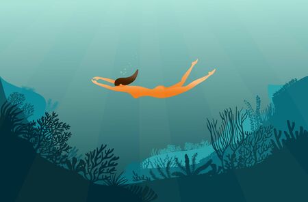 Girl character free diving or snorkeling underwater on sea bottom with corals and seaweed. Naked woman swimmer. Active recreation, vacation and leisure activity. Cartoon Flat Vector Illustration.のイラスト素材