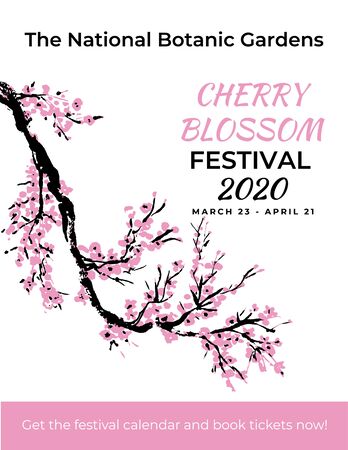 Cherry blossom event template with hand drawn branch with pink cherry flowers blooming.  Sakura blossoming festival banner. Chinese or Japanese traditional drawing. Vector.のイラスト素材