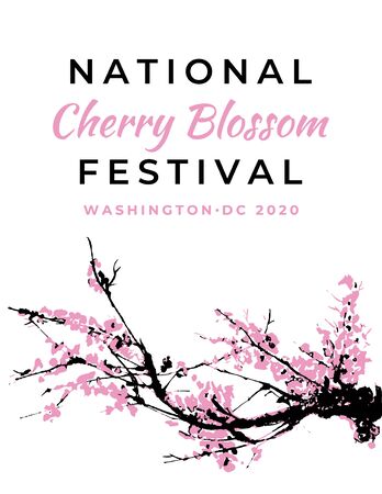 Cherry blossom event template with hand drawn branch with pink cherry flowers blooming.  Sakura blossoming festival banner. Chinese or Japanese traditional drawing. Vector.のイラスト素材