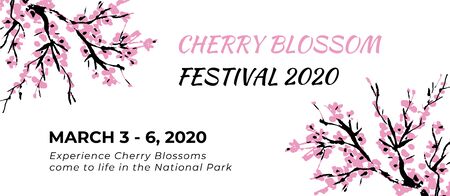 Cherry blossom event template with hand drawn branch with pink cherry flowers blooming.  Sakura blossoming festival banner. Chinese or Japanese traditional drawing. Vector.のイラスト素材