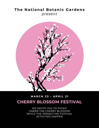 Cherry blossom event template with hand drawn branch with pink cherry flowers blooming.  Sakura blossoming festival banner. Chinese or Japanese traditional drawing. Vector.のイラスト素材