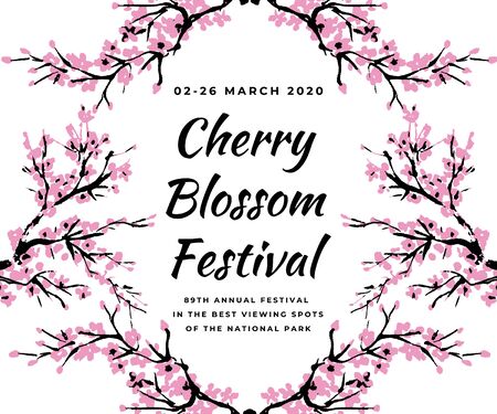 Cherry blossom event template with hand drawn branch with pink cherry flowers blooming.  Sakura blossoming festival banner. Chinese or Japanese traditional drawing. Vector.のイラスト素材