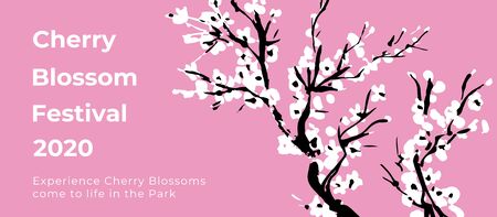Cherry blossom event template with hand drawn branch with pink cherry flowers blooming.  Sakura blossoming festival banner. Chinese or Japanese traditional drawing. Vector.のイラスト素材