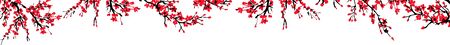 Cherry blossom spring floral template with hand drawnes branch with red cherry flowers blooming.  Sakura blossoming banner template. Chinese or Japanese traditional drawing. Vector.のイラスト素材