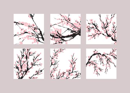 Cherry blossom cover set. Floral templates with hand drawn branch with pink cherry flowers blooming.  Sakura blossoming social media banners. Chinese or Japanese traditional drawing. Vector.のイラスト素材