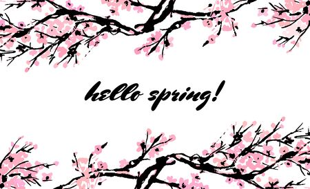 Cherry blossom Hello Spring card or banner with hand drawn branch of red cherry flowers blooming.  Sakura blossoming template. Chinese or Japanese traditional drawing. Vector.のイラスト素材