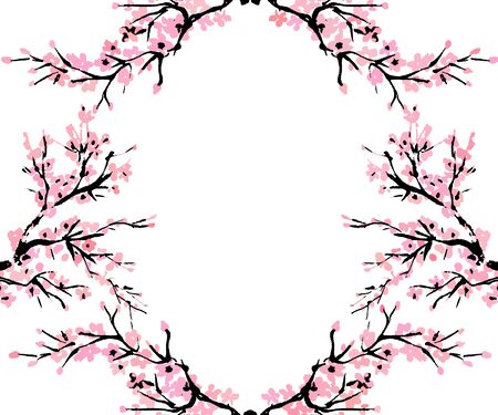 Cherry blossom spring floral template with hand drawnes branch with pink cherry flowers blooming.  Sakura blossoming banner template. Chinese or Japanese traditional drawing. Vector.のイラスト素材