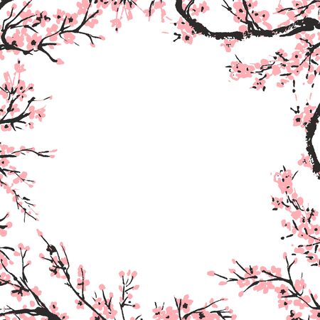 Cherry blossom spring floral template with hand drawnes branch with pink cherry flowers blooming.  Sakura blossoming banner template. Chinese or Japanese traditional drawing. Vector.のイラスト素材