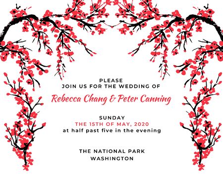 Wedding invitation template. Cherry blossom card with hand drawn branch of red cherry flowers blooming.  Sakura blossoming template. Chinese or Japanese traditional drawing. Vector.のイラスト素材