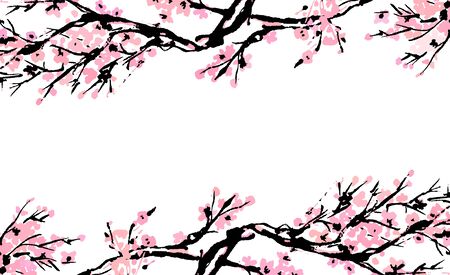 Cherry blossom spring floral template with hand drawnes branch with red cherry flowers blooming.  Sakura blossoming banner template. Chinese or Japanese traditional drawing. Vector.のイラスト素材