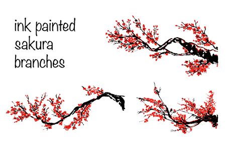 Cherry blossom set. Hand drawn branches with red cherry flowers blooming.  Sakura blossoming twig isolated on white.  Chinese or Japanese traditional drawing. Vector.のイラスト素材