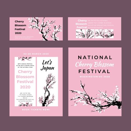 Cherry blossom template set with hand drawn branch with cherry flowers blooming.  Sakura blossoming festival banner. Chinese or Japanese traditional drawing. Vector.のイラスト素材