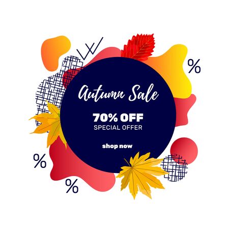 Autumn sale banner template with discount text label, memphis design elements and colorful autumn leaves for fall season shopping promotion. Vector illustration.のイラスト素材