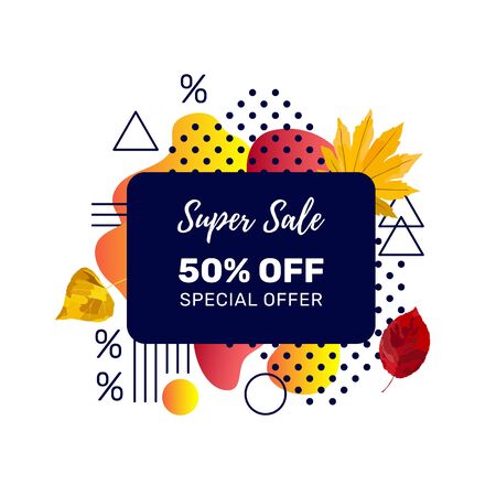 Autumn sale banner template with discount text label, memphis design elements and colorful autumn leaves for fall season shopping promotion. Vector illustration.のイラスト素材