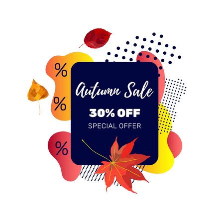 Autumn sale banner template with discount text label, memphis design elements and colorful autumn leaves for fall season shopping promotion. Vector illustration.のイラスト素材