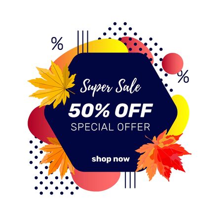 Autumn sale banner template with discount text label, memphis design elements and colorful autumn leaves for fall season shopping promotion. Vector illustration.のイラスト素材