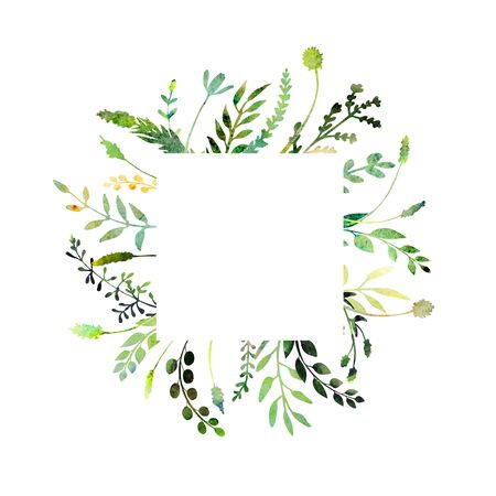 Watercolor frame.  Made of field meadow herbs, plants, twigs. Summer or spring design. Hand painted square foliage.  Herbal composition. Isolated on white. Great to frame texts, quotes and logos.の写真素材