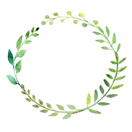 Watercolor wreath.  Made of field meadow herbs, plants, twigs. Summer design. Hand painted round frame.  Circle herbal composition. Isolated on white. Great to frame texts, quotes and logos.の写真素材