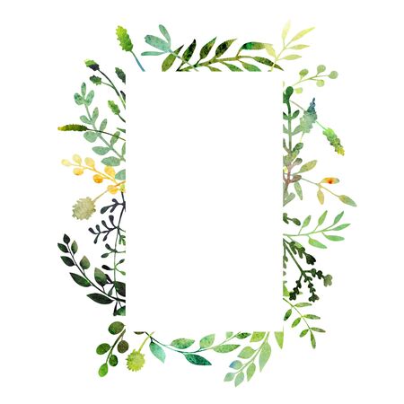 Watercolor frame.  Made of field meadow herbs, plants, twigs. Summer or spring design. Hand painted square foliage.  Herbal composition. Isolated on white. Great to frame texts, quotes and logos.の写真素材