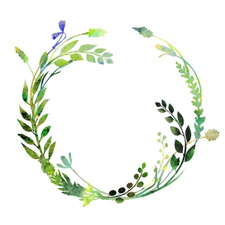 Watercolor wreath.  Made of field meadow herbs, plants, twigs. Summer design. Hand painted round frame.  Circle herbal composition. Isolated on white. Great to frame texts, quotes and logos.の写真素材