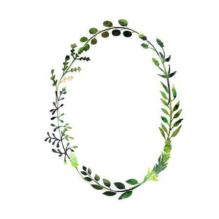 Oval wreath isolated on white background. Watercolor herbs, leaves and wild flowers. Hand painted  herbal floral composition.の写真素材