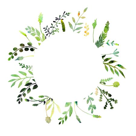 Watercolor wreath.  Made of field meadow herbs, plants, twigs. Summer design. Hand painted round frame.  Circle herbal composition.の写真素材