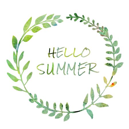 Watercolor wreath.  Made of field meadow herbs, plants, twigs. Summer design. Hand painted round frame.  Circle herbal composition. Isolated on white. Hello summer welcome text.の写真素材