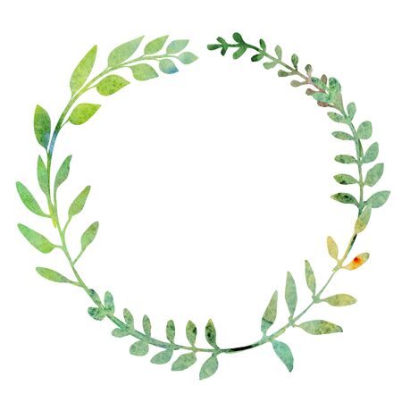 Watercolor wreath.  Made of field meadow herbs, plants, twigs. Summer design. Hand painted round frame.  Circle herbal composition.の写真素材