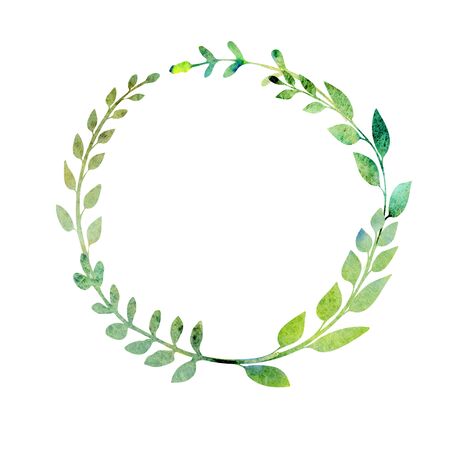 Watercolor wreath.  Made of field meadow herbs, plants, twigs. Summer design. Hand painted round frame.  Circle herbal composition.の写真素材