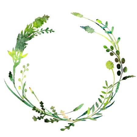 Watercolor wreath.  Made of field meadow herbs, plants, twigs. Summer design. Hand painted round frame.の写真素材