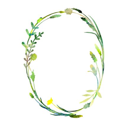 Oval wreath isolated on white background. Watercolor herbs, leaves and wild flowers. Hand painted  herbal floral composition. Round frame. Great to place text or logo.の写真素材