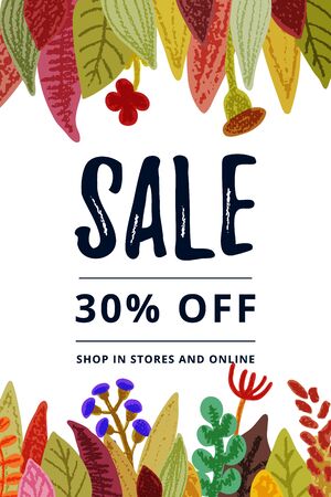 Autumn sale banner with discount text label and colored leaves for fall season shopping promotion. Pencil crayon drawing. Vector illustration.のイラスト素材