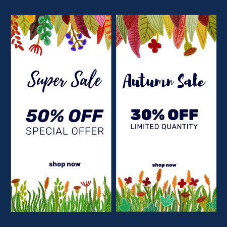 Autumn sale banner with discount text label and colored leaves for fall season shopping promotion. Sale design.  Pencil crayon drawing. Vector illustration.のイラスト素材