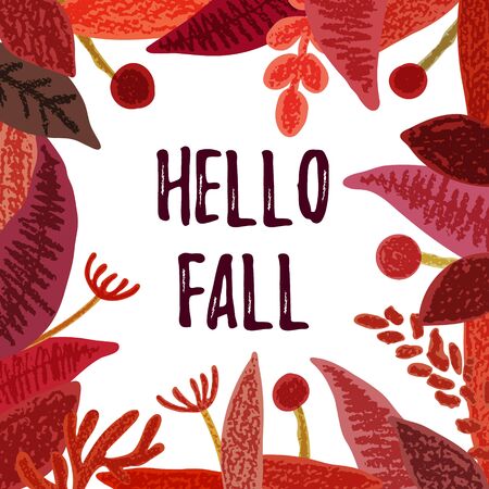 Hello fall eaves  frame. Pencil crayon drawing. Vector illustration.のイラスト素材