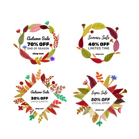 Autumn sale banner set with discount text label and colored leaves for fall season shopping promotion. Pencil crayon drawing. Colorful leaves frame or wreath.  Floral vector illustration.のイラスト素材