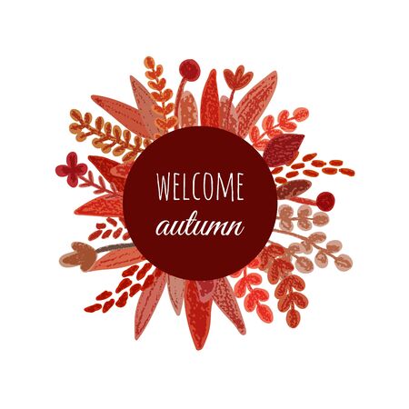 Autumn floral frame banner herbal backdrop colorful leaves  background with welcome autumn text. Pencil crayon drawing. Vector illustration.のイラスト素材